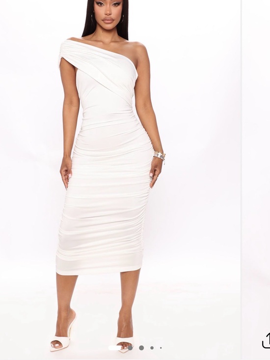 Fashion Nova Dresses & Skirts - Fashion Nova One-Shoulder White Ruched Midi Dress